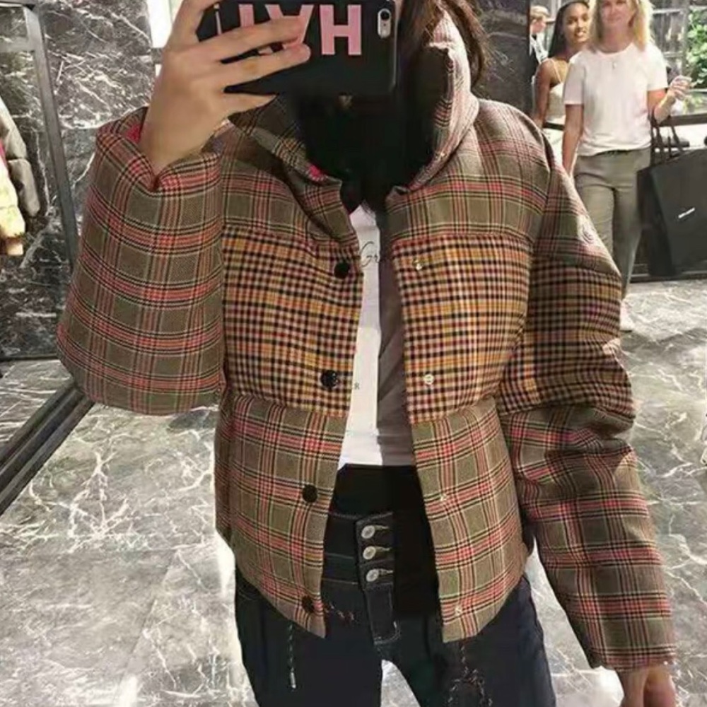 Checked print down jacket red and brown colour